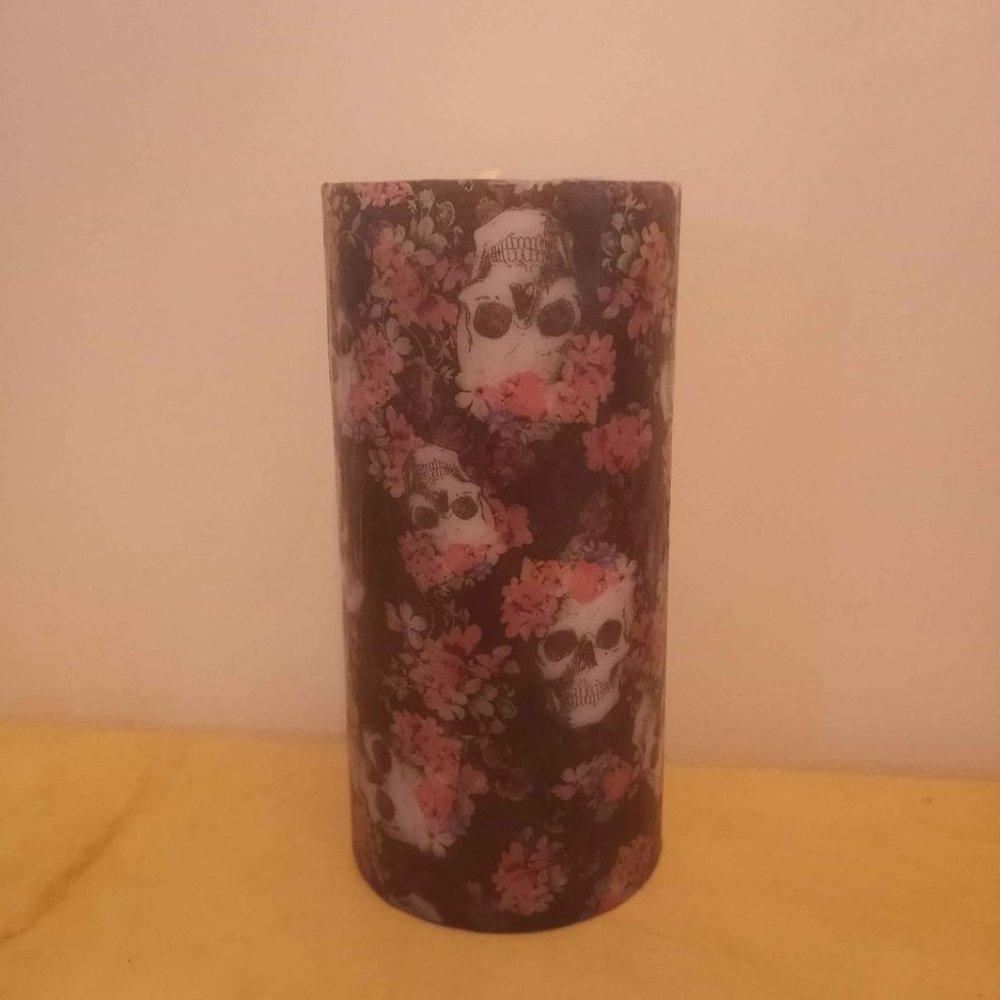 Tall Pillar Candle Skulls and Flowers Decoupage Unscented